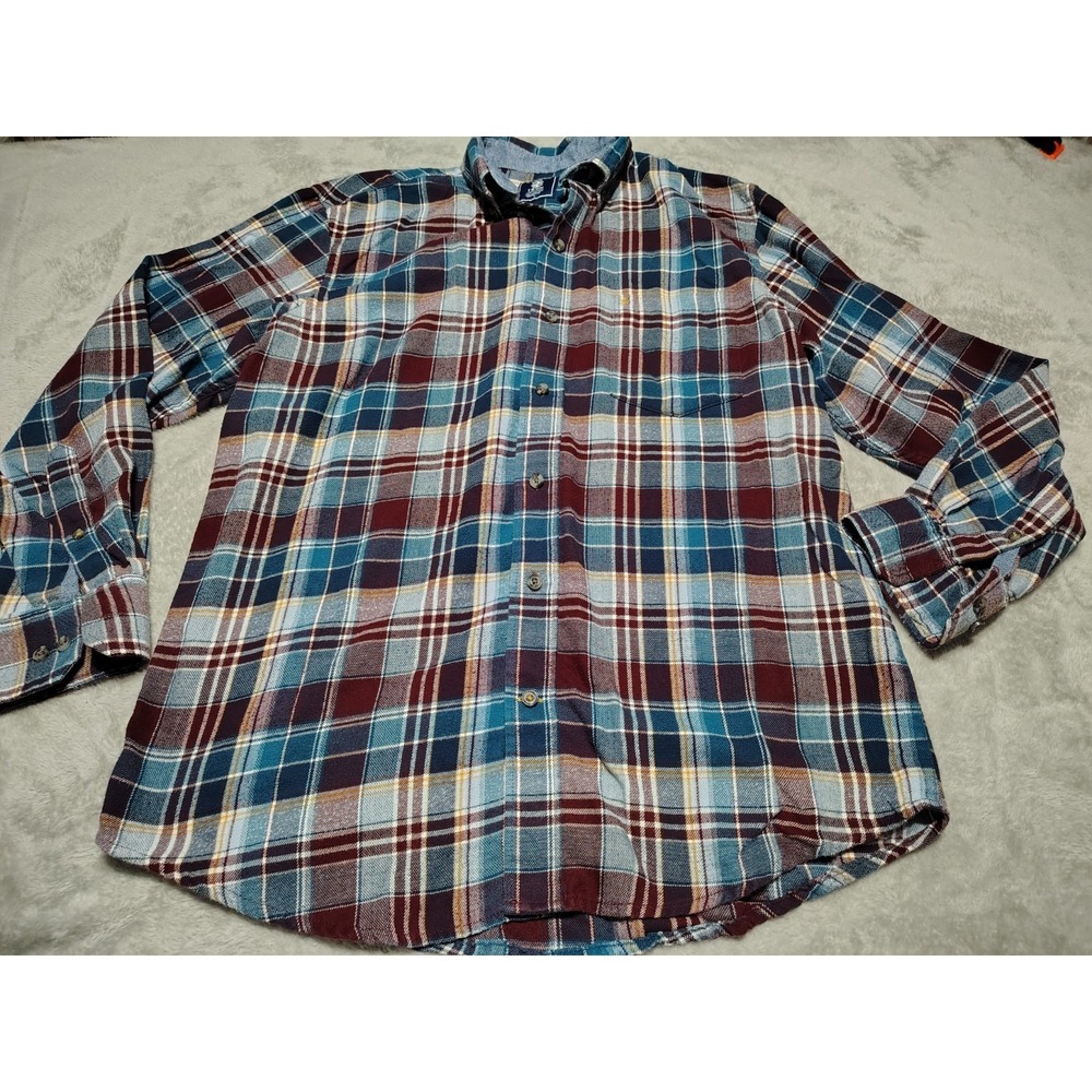Izod Flannel‎ Shirt Men M Burgundy/Blue Plaid Outdoor Farmer Hiking Camping Soft